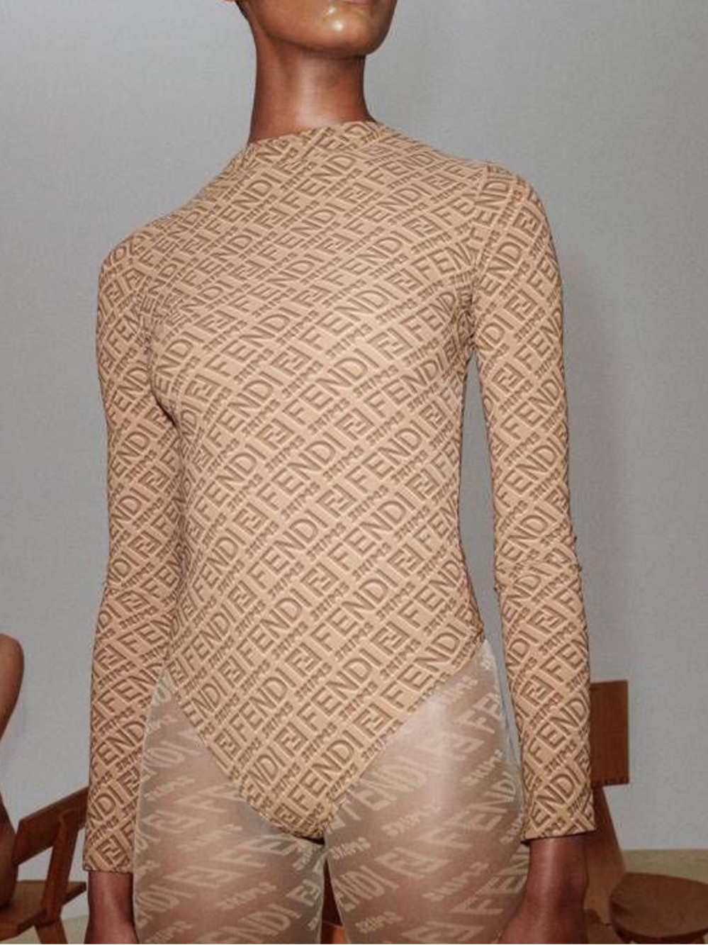 FENDI/SKIMS Collab Beige Monogram Long Sleeve Bodysuit